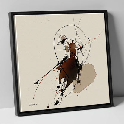 The Decisive Strike polo horse canvas wall art in black frame
