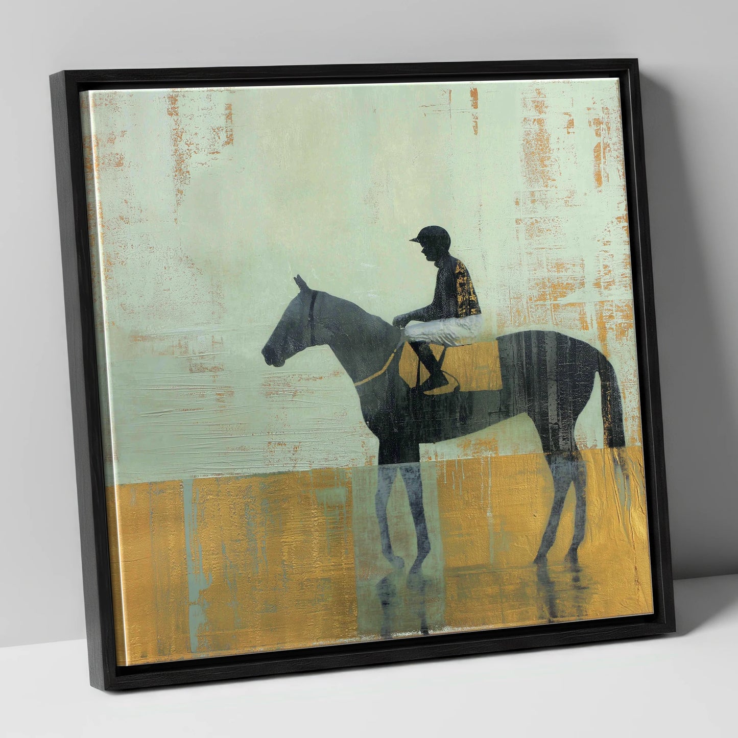 Golden Turf Reflections racing horse canvas wall art in black frame