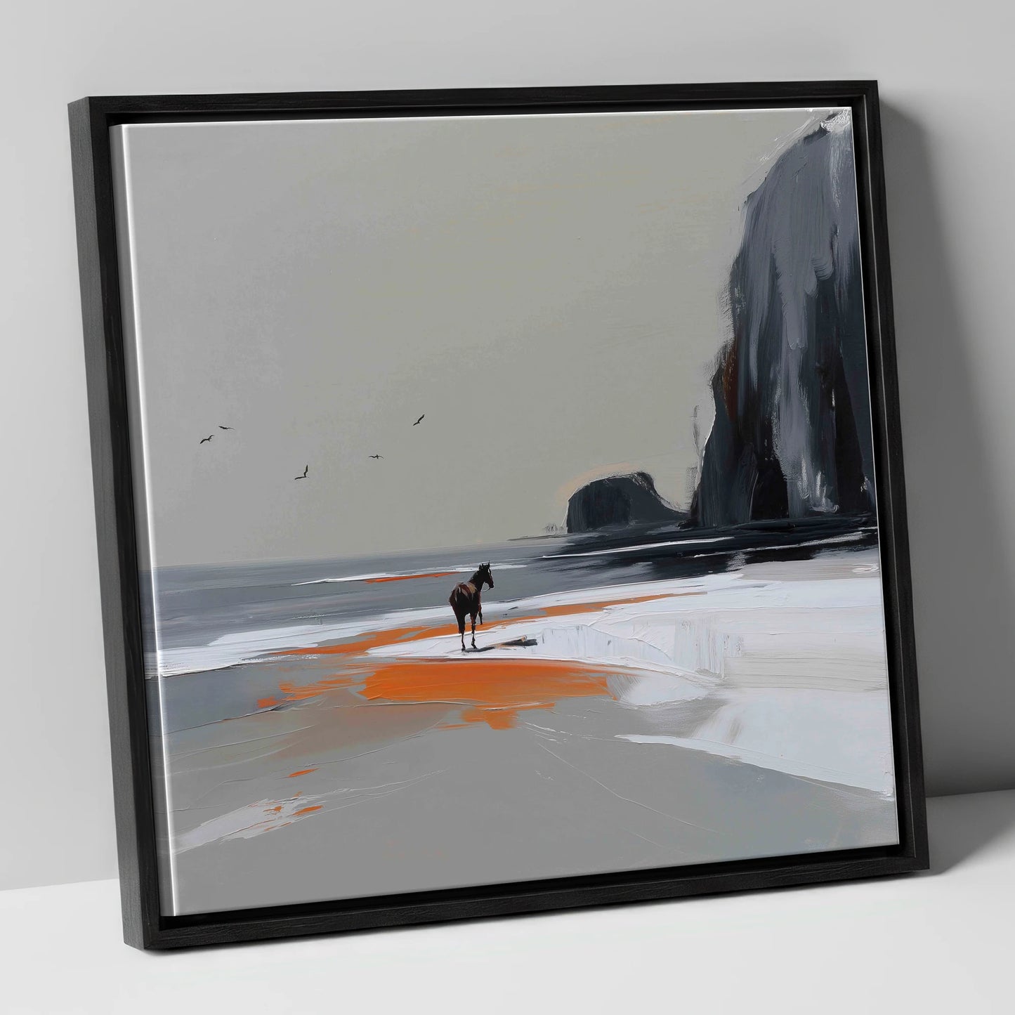 Solitary Shoreline horse landscape canvas wall art in black frame