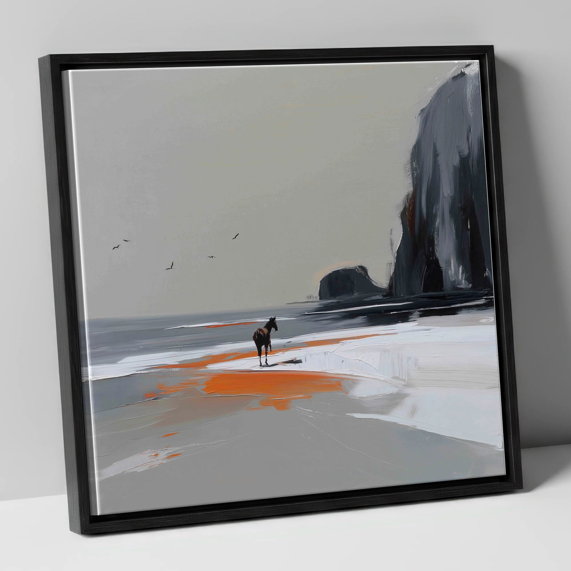 Solitary Shoreline horse landscape canvas wall art in black frame