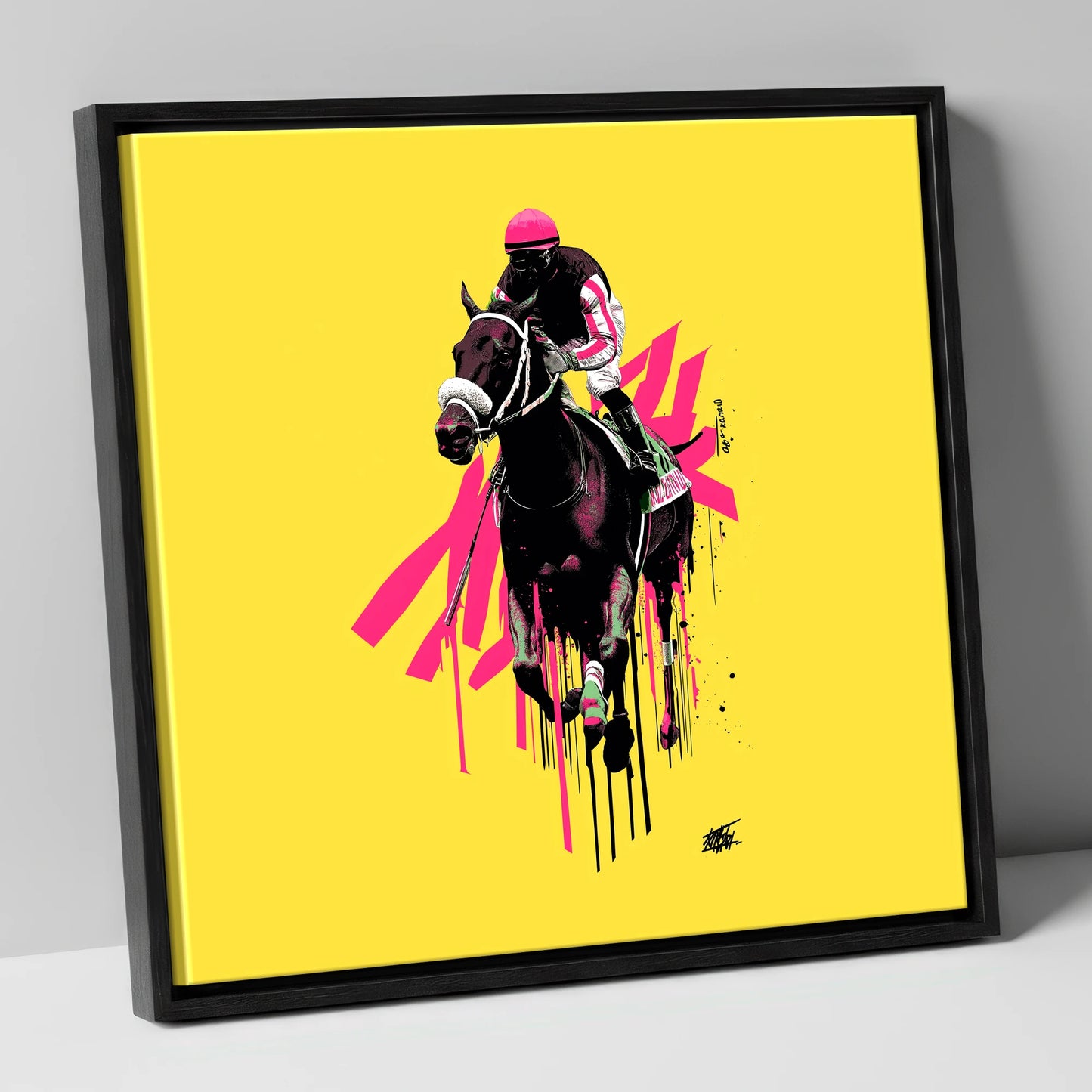 Neon Gallop racing horse canvas wall art in black frame