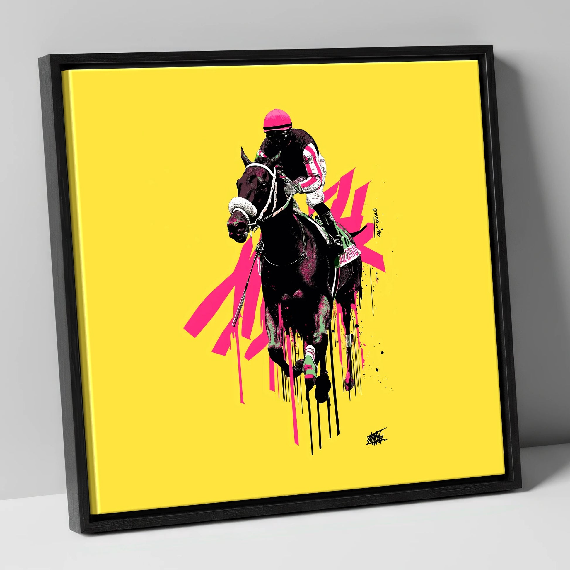 Neon Gallop racing horse canvas wall art in black frame