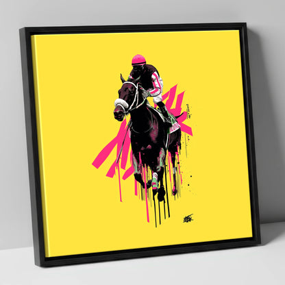 Neon Gallop racing horse canvas wall art in black frame