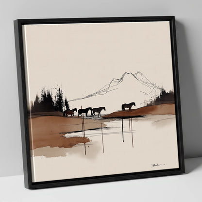 Mountain Pasture Silhouettes horse landscape canvas wall art in black frame