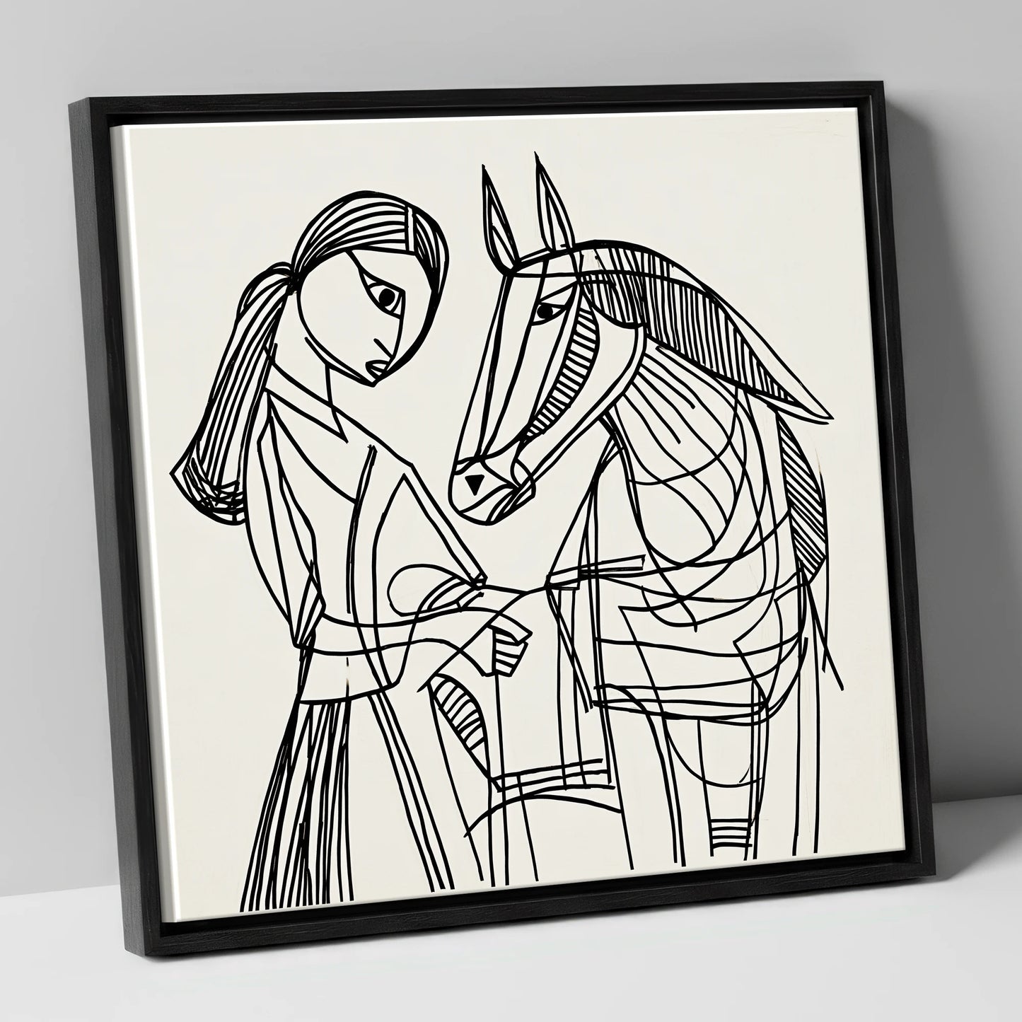 Lines of Connection horse & rider canvas wall art in black frame