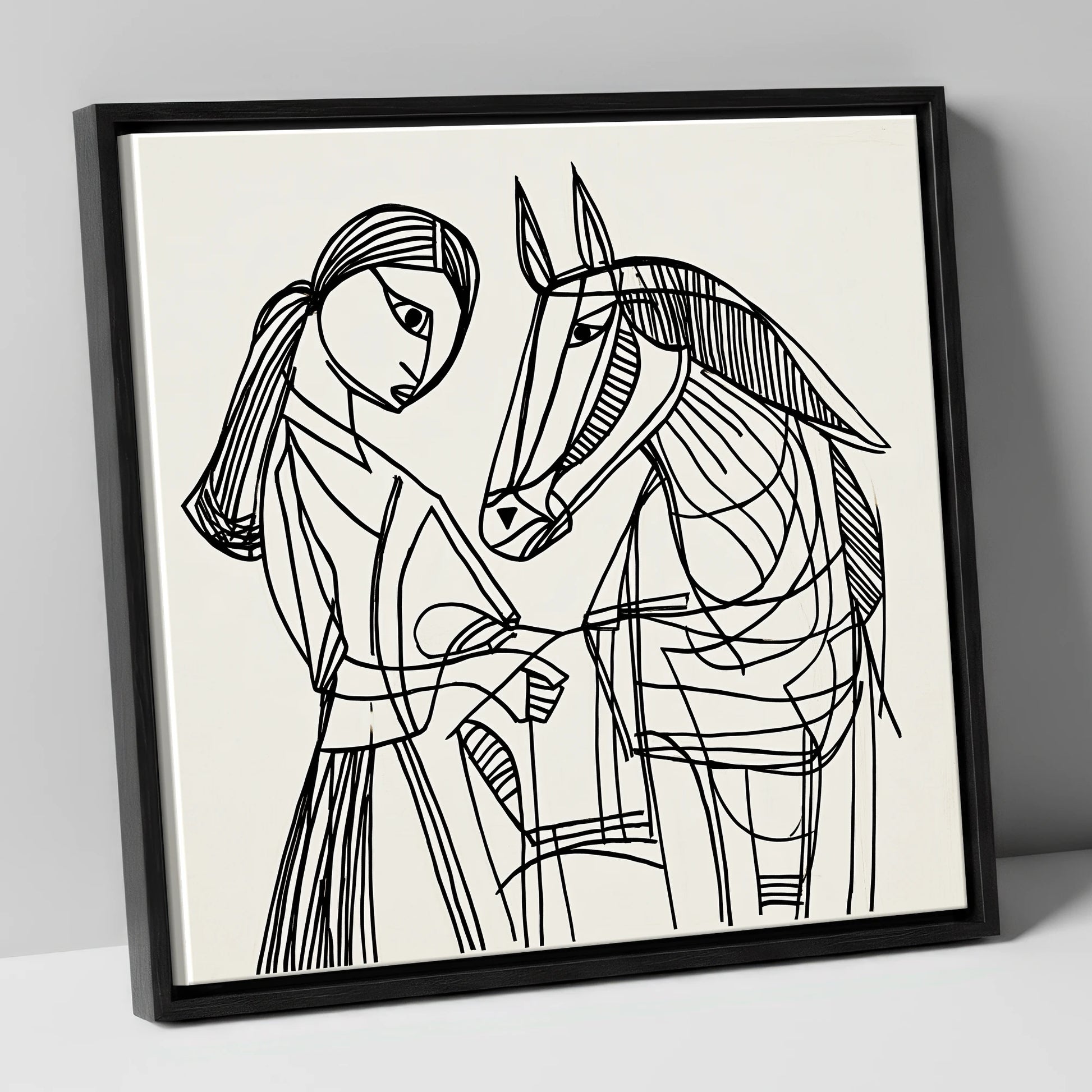 Lines of Connection horse & rider canvas wall art in black frame