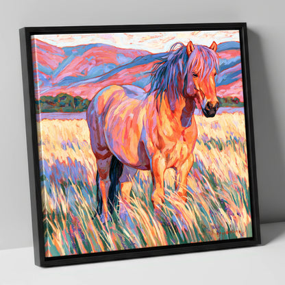 Colourful Horse in Golden Grass horse breed canvas wall art in black frame