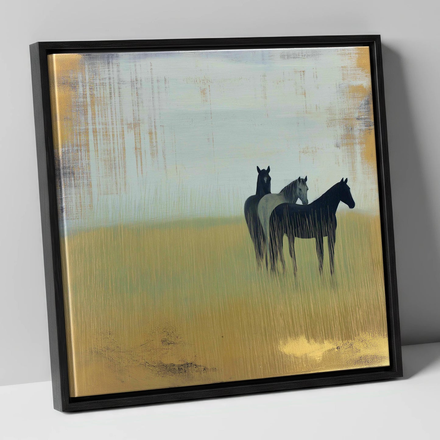 Gilded Meadow Watchers wild horses canvas wall art in black frame