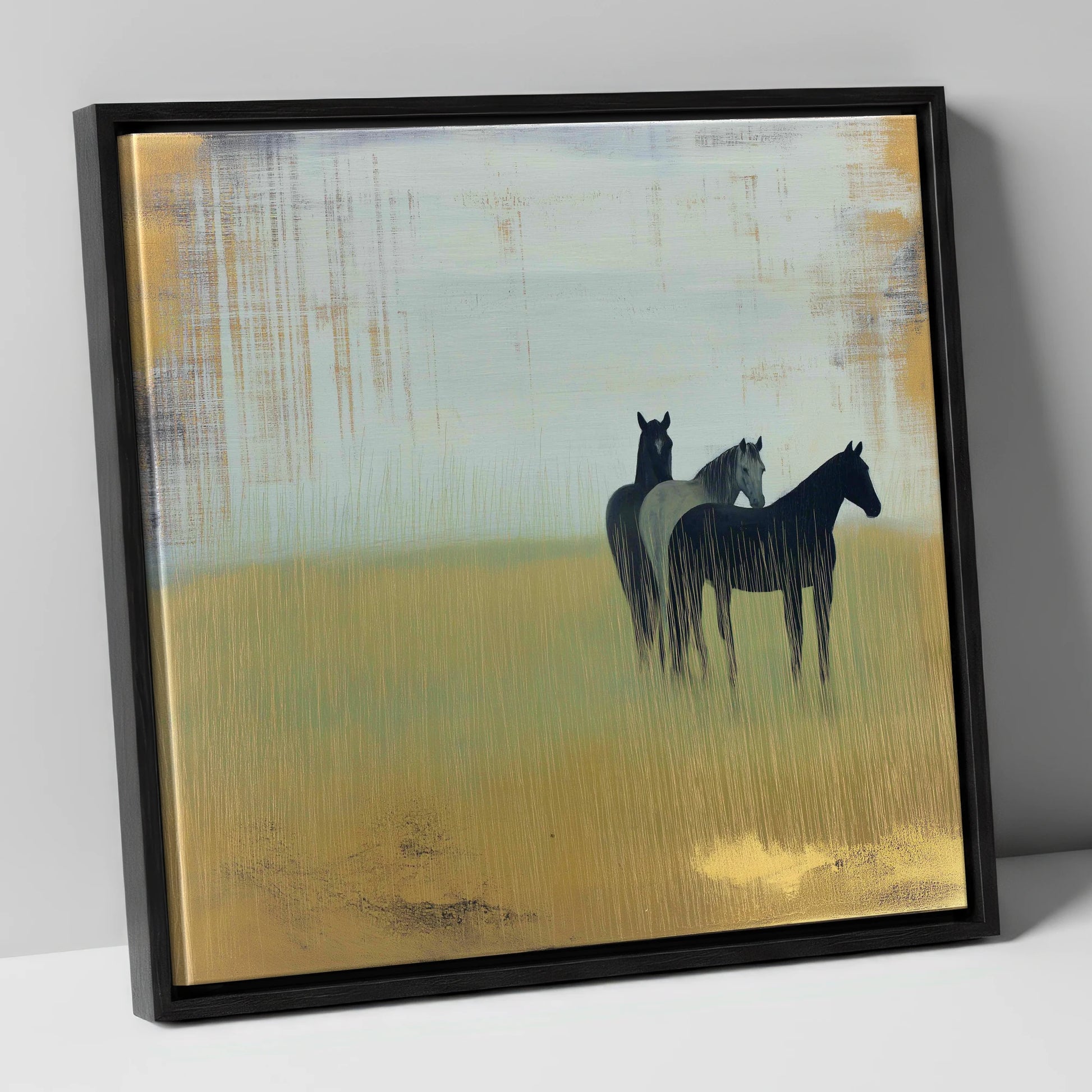 Gilded Meadow Watchers wild horses canvas wall art in black frame