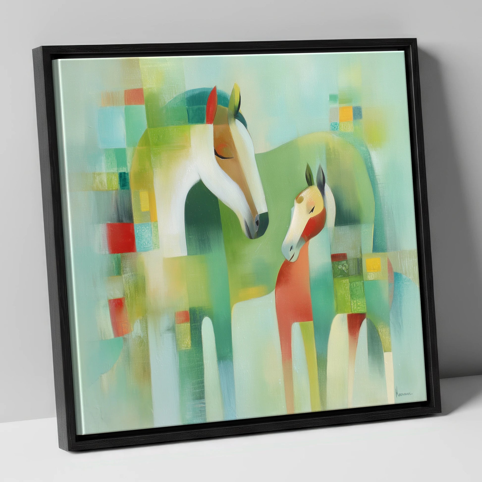 Contemporary Equine Harmony mare & foal canvas wall art in black frame