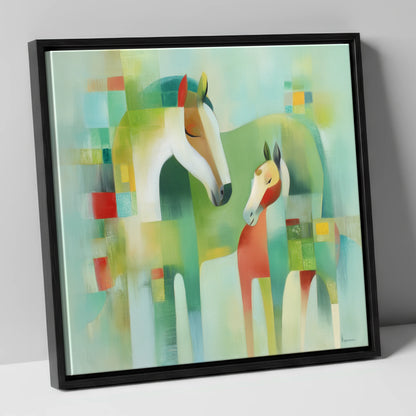 Contemporary Equine Harmony mare & foal canvas wall art in black frame