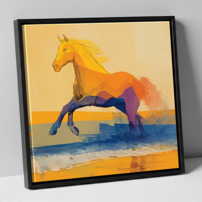Vivid Coastal Bound beach horse canvas wall art in black frame