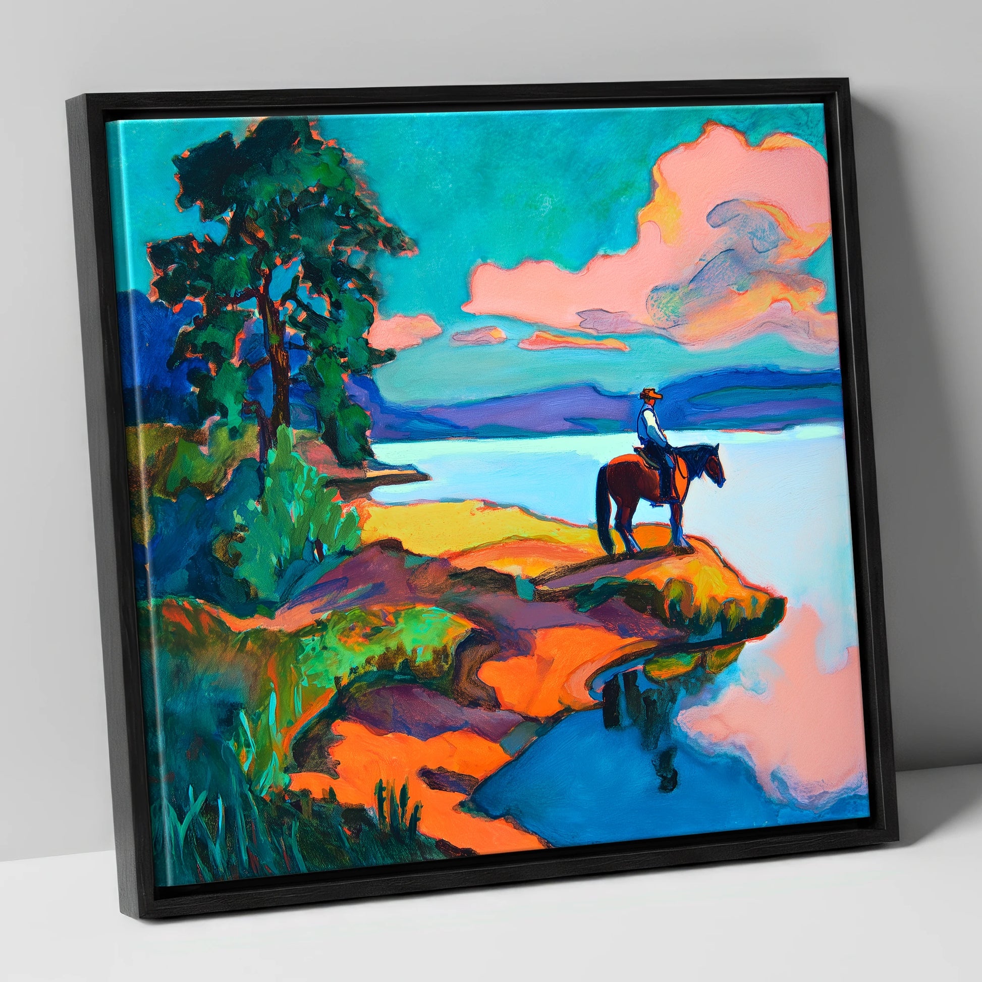 The Violet Shoreline beach horse canvas wall art in black frame