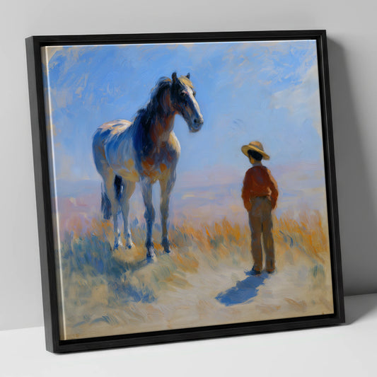 Horse and Boy in Summer Light horse & rider canvas wall art in black frame