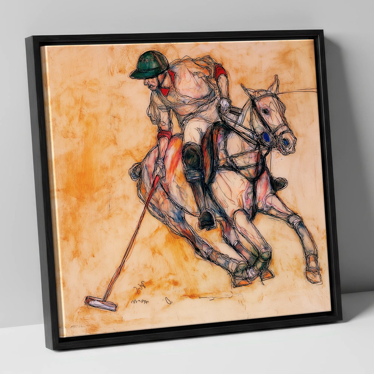 The Decisive Strike polo horse canvas wall art in black frame