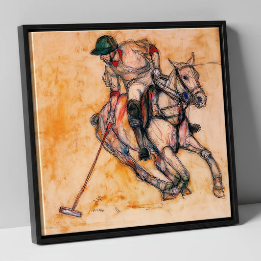 The Decisive Strike polo horse canvas wall art in black frame