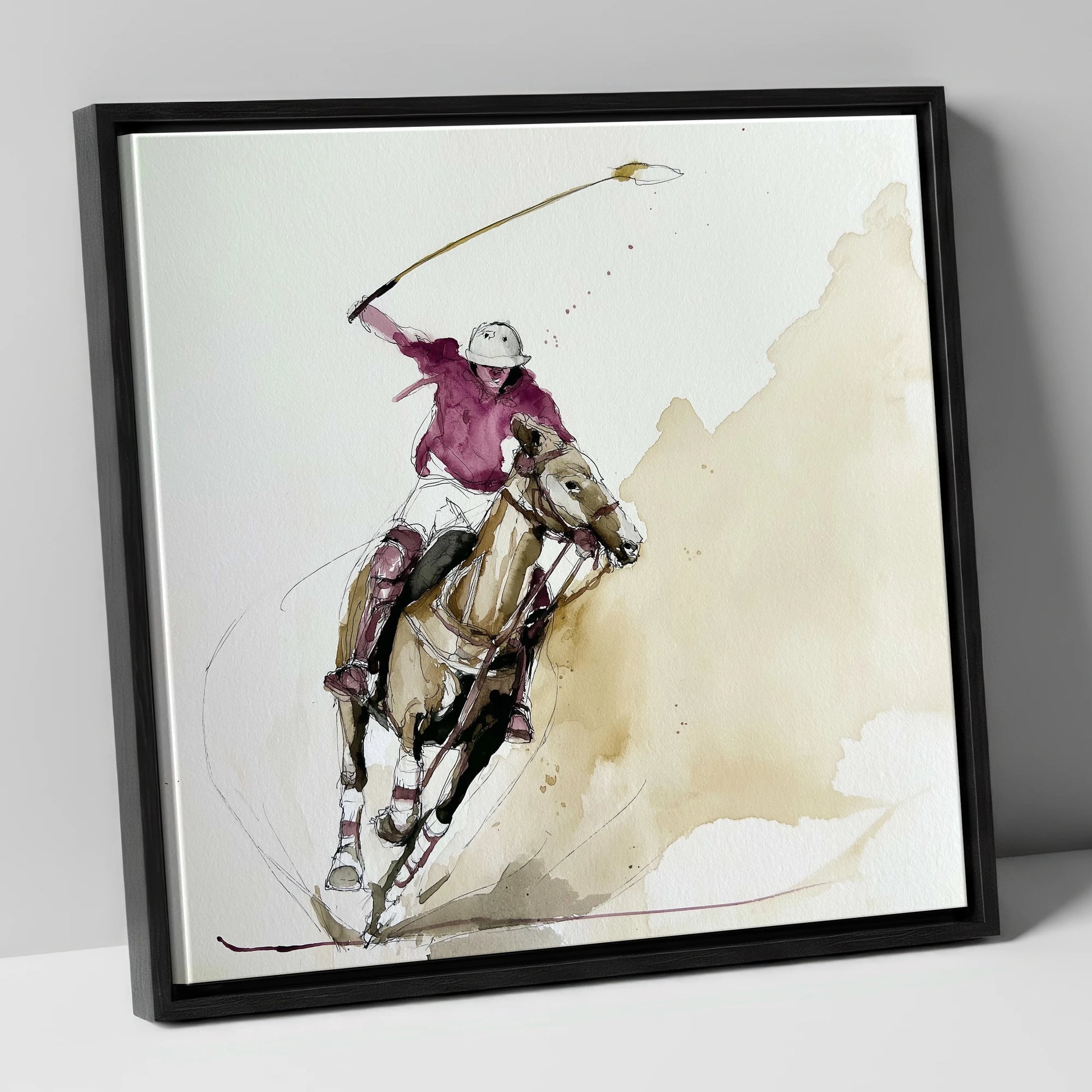 The Decisive Swing polo horse canvas wall art in black frame