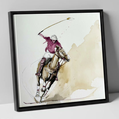 The Decisive Swing polo horse canvas wall art in black frame