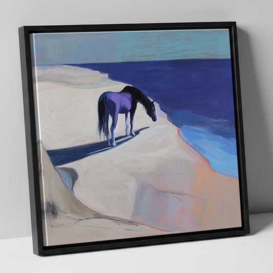 Indigo Coastal Solitude horse landscape canvas wall art in black frame