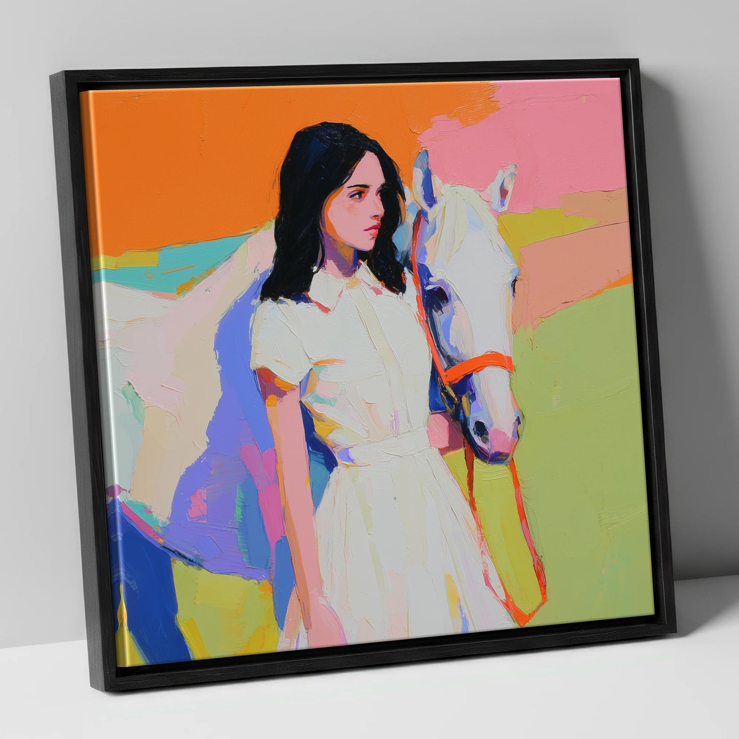 Painted Summer Bond horse & rider canvas wall art in black frame
