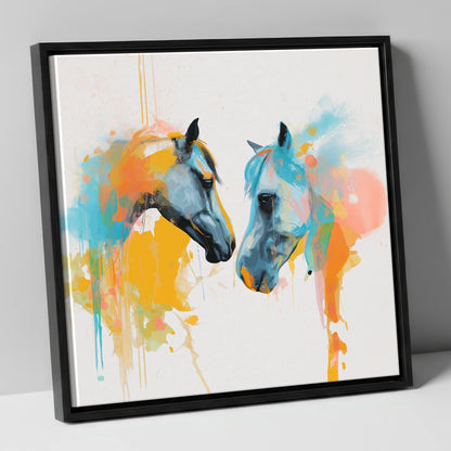 Spirited Bond horse portrait canvas wall art in black frame