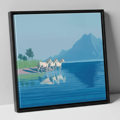 Reflections in Azure wild horses canvas wall art in black frame