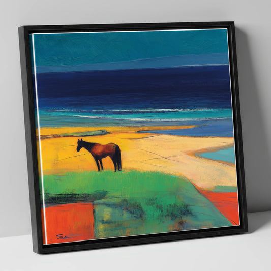 Vibrant Coastal Solitude horse landscape canvas wall art in black frame