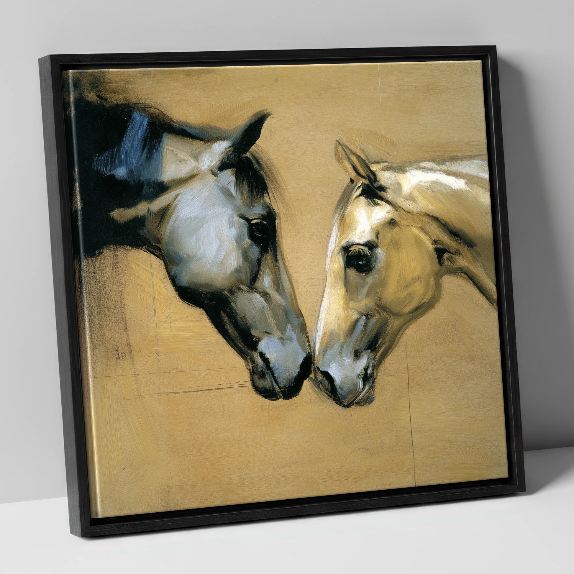 A Gentle Meeting horse portrait canvas wall art in black frame