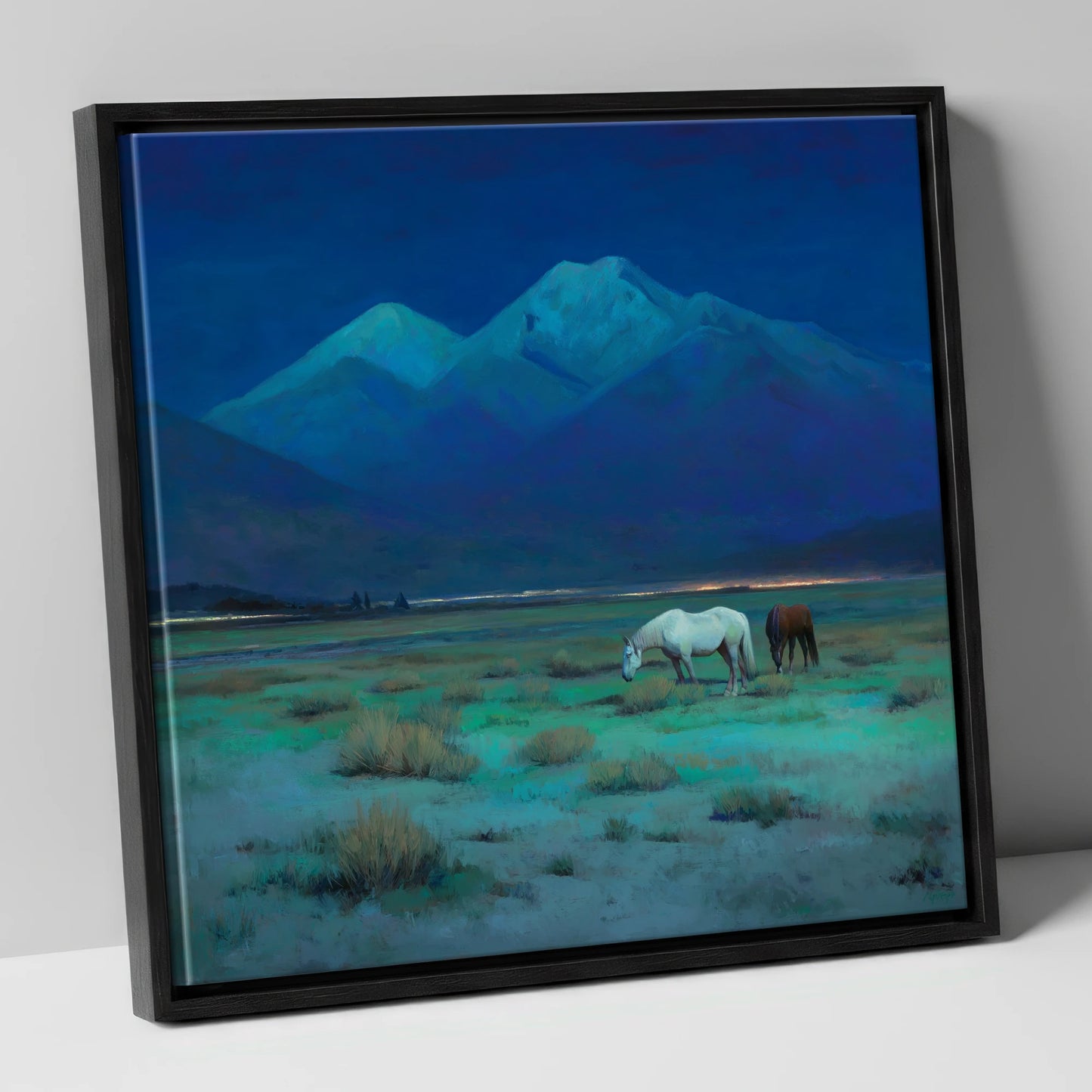 Indigo Night Pasture horse landscape canvas wall art in black frame