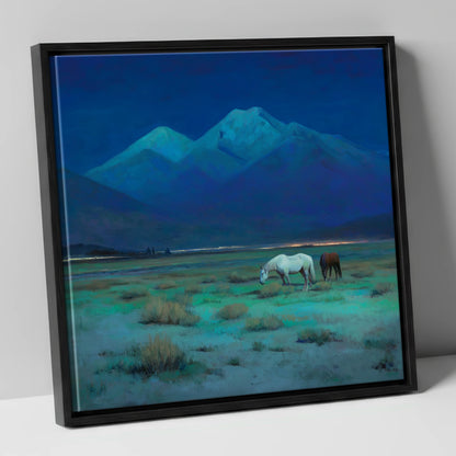 Indigo Night Pasture horse landscape canvas wall art in black frame