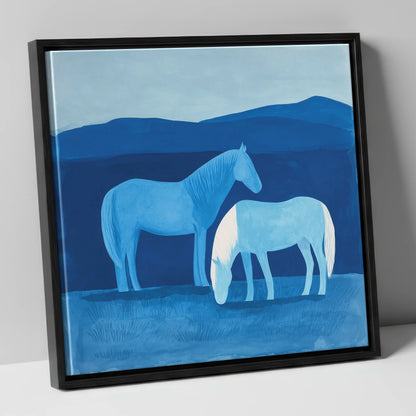 Cobalt Companions horse landscape canvas wall art in black frame