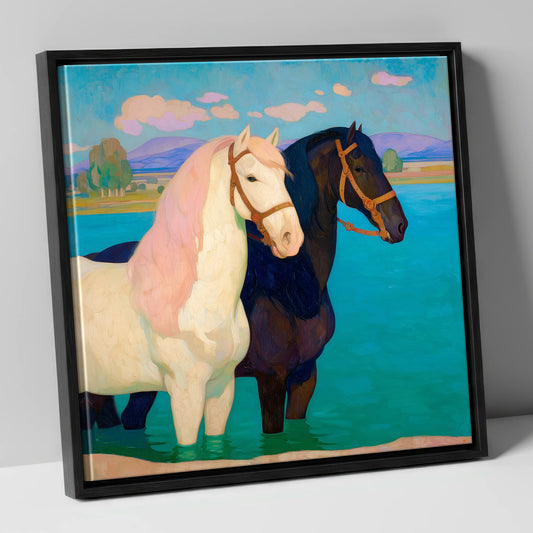 Cooling in the Shallows horse landscape canvas wall art in black frame