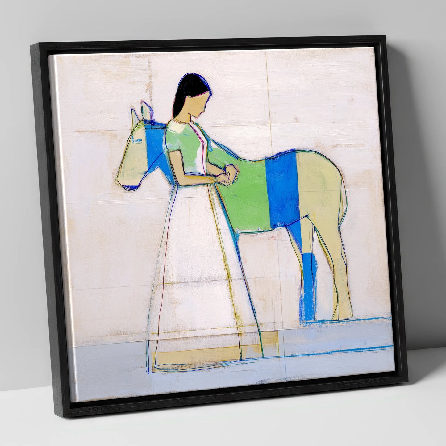 Quiet Blue Bond horse & rider canvas wall art in black frame