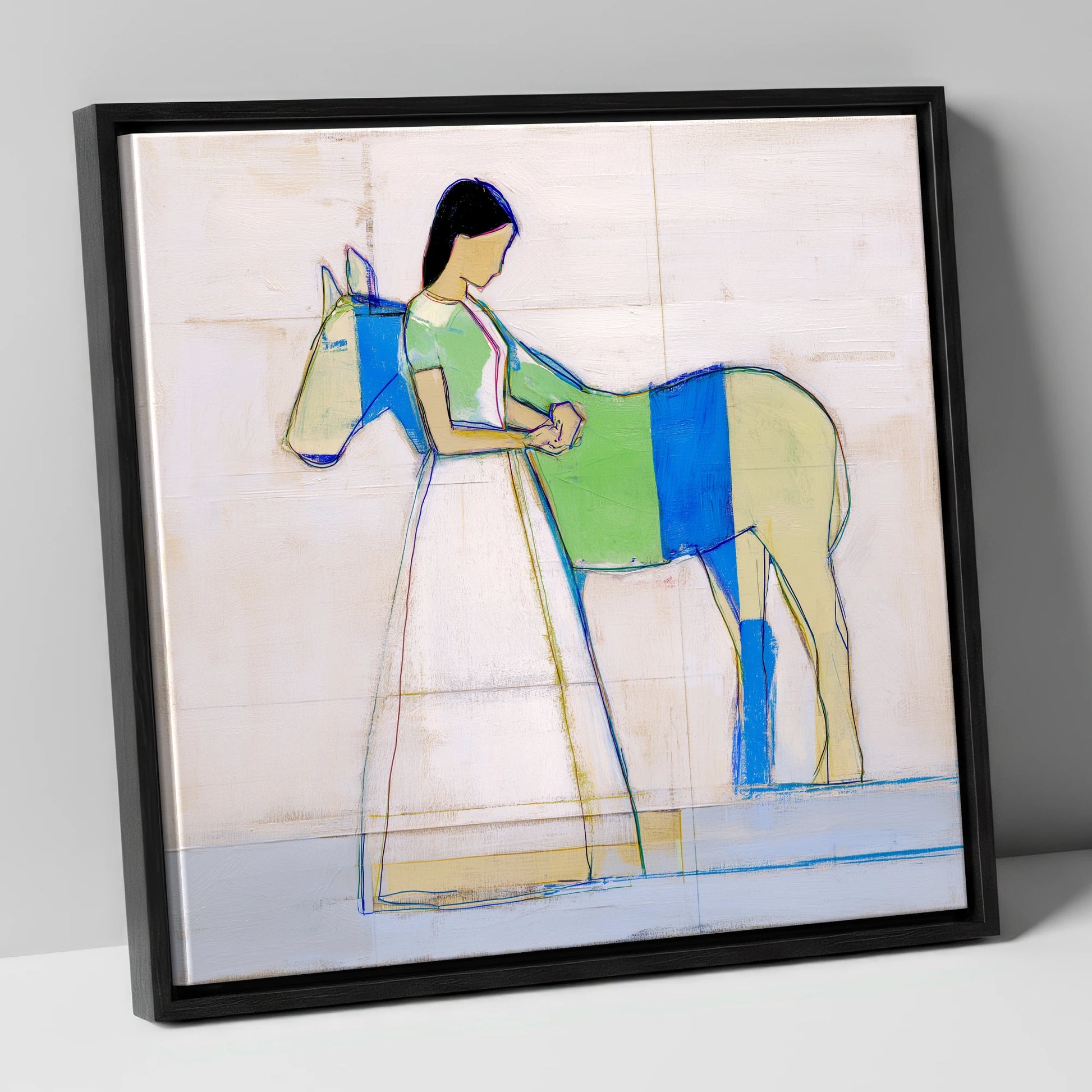 Quiet Blue Bond horse & rider canvas wall art in black frame