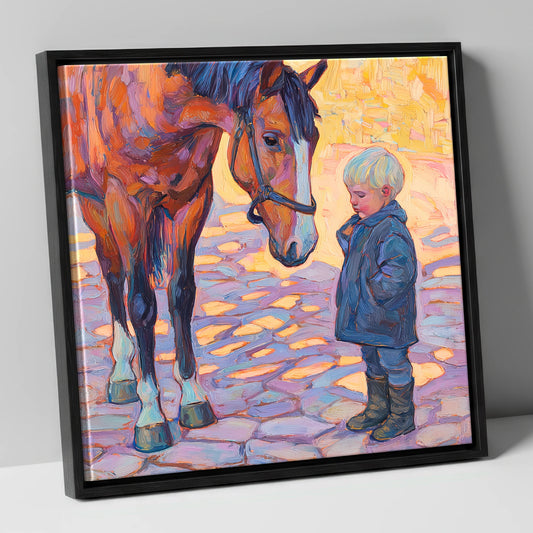 The Gentle Encounter horse & rider canvas wall art in black frame