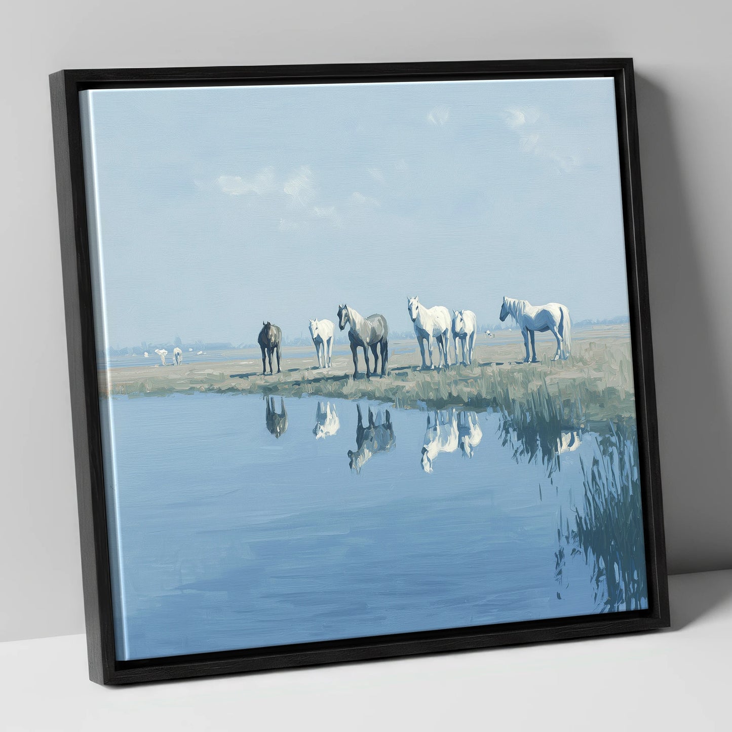 Reflections in Blue wild horses canvas wall art in black frame