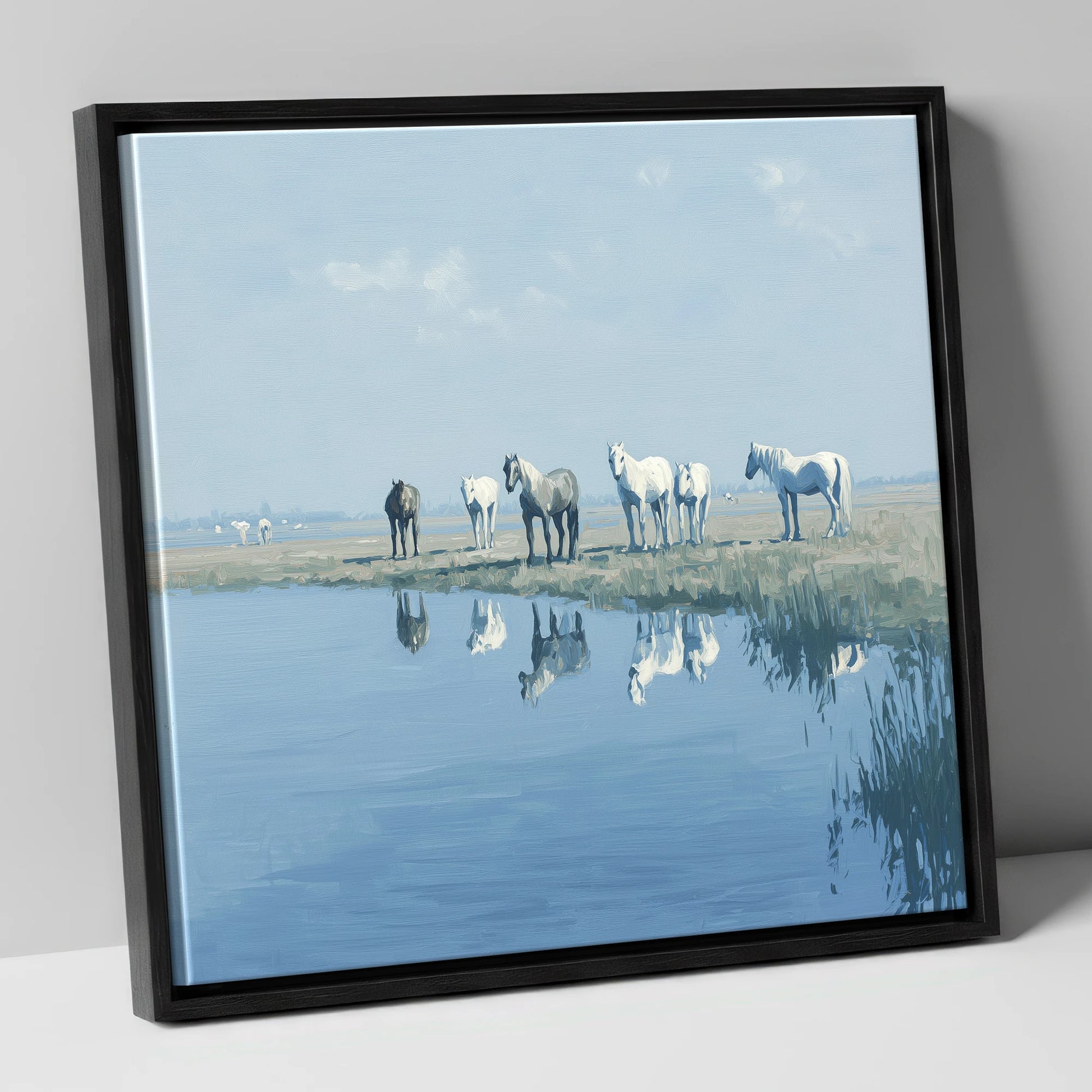 Reflections in Blue wild horses canvas wall art in black frame
