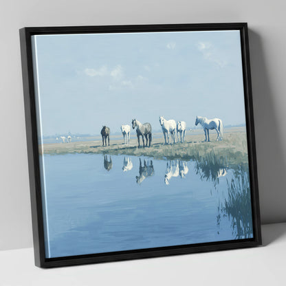 Reflections in Blue wild horses canvas wall art in black frame