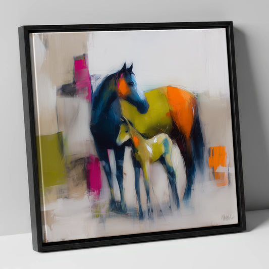 Bold Beginnings mare & foal canvas wall art in black frame
