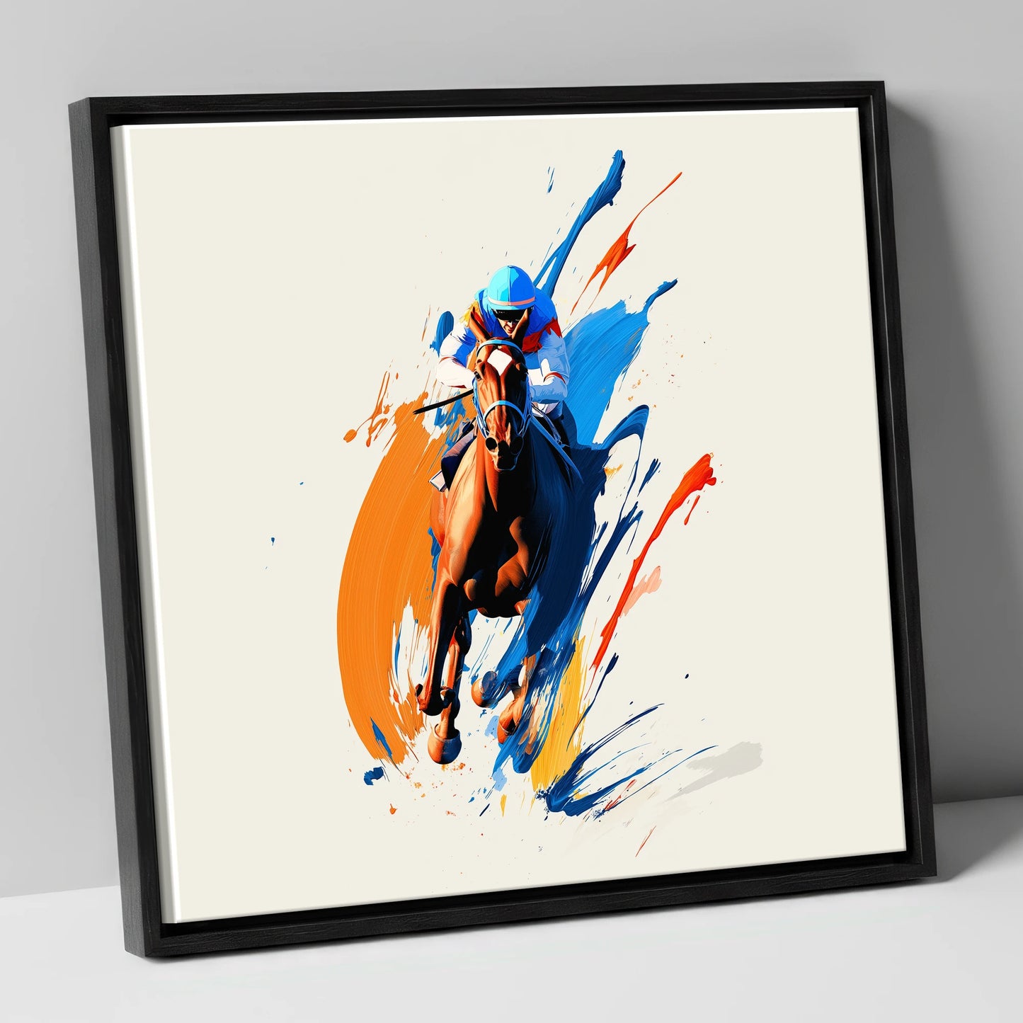 The Front Runner racing horse canvas wall art in black frame