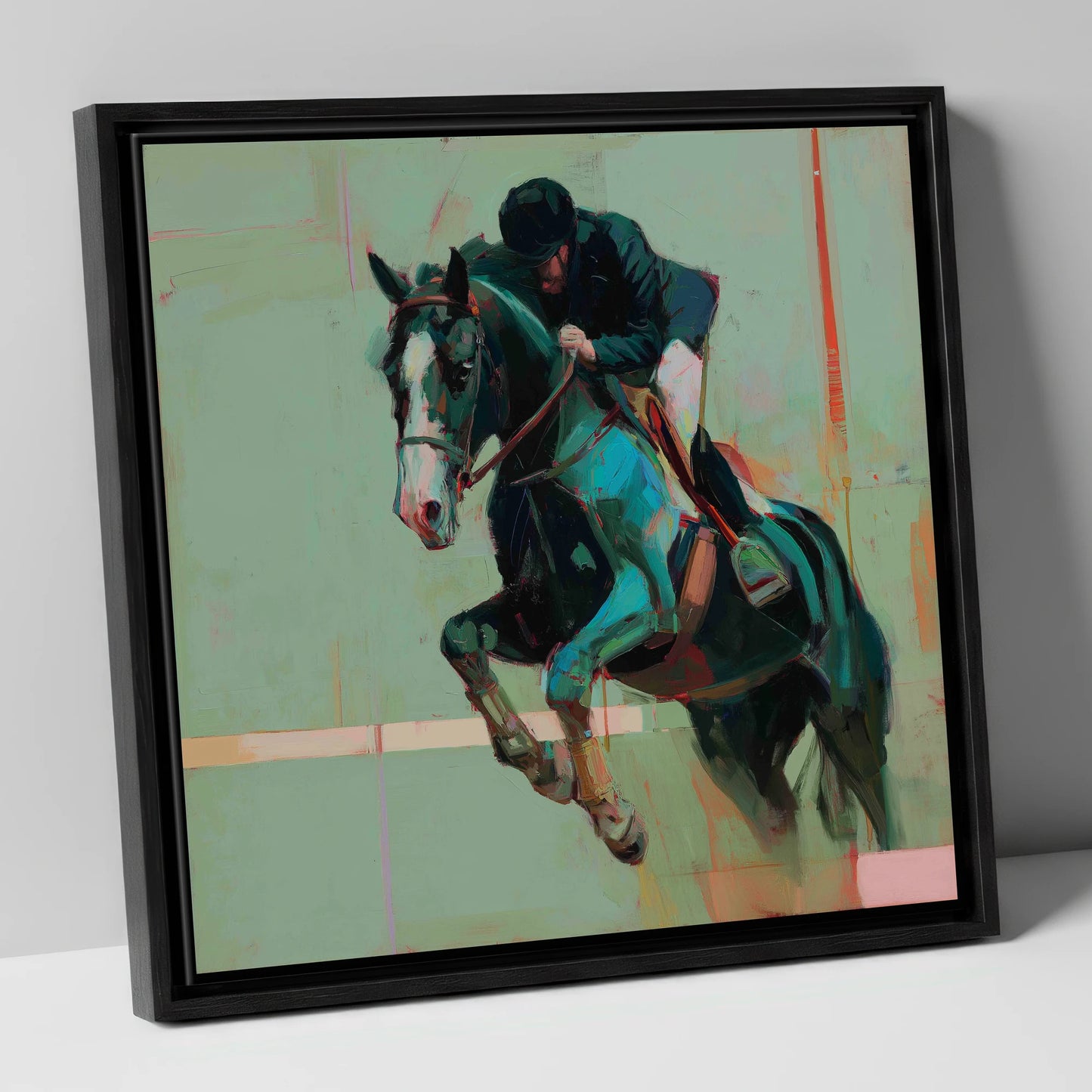 Airborne in Teal show jumping horse canvas wall art in black frame