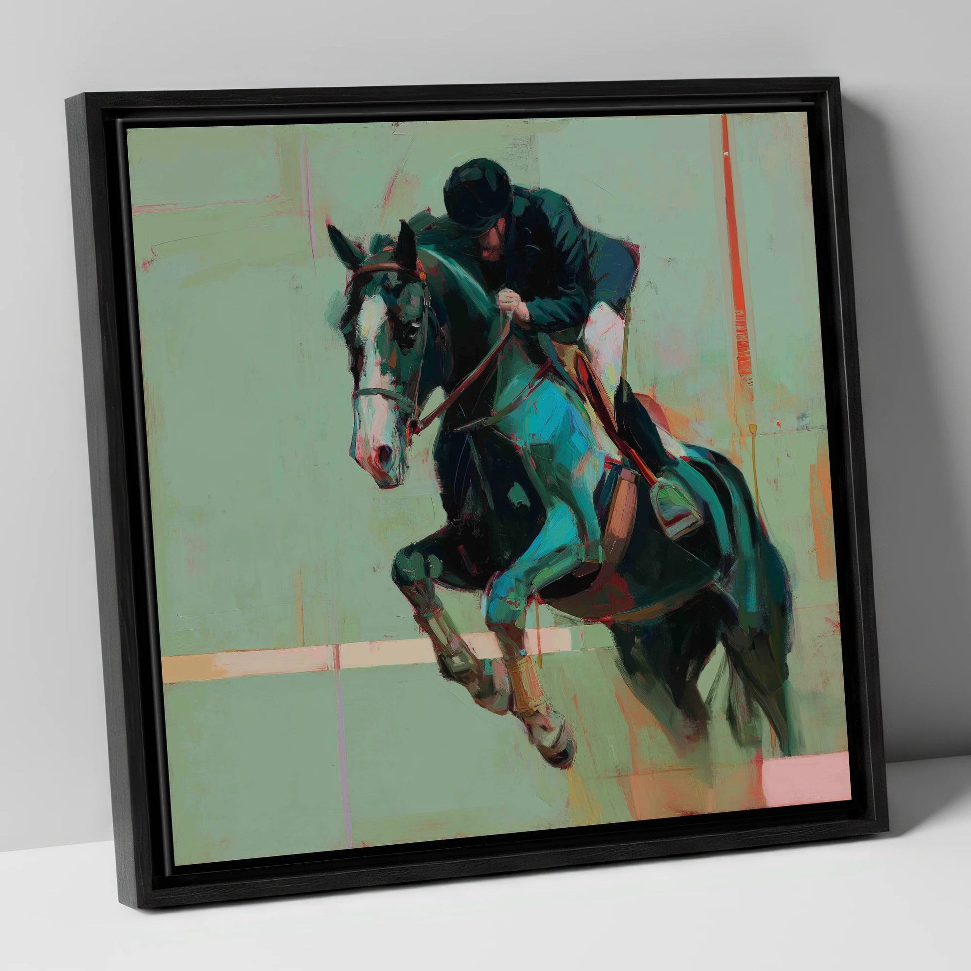 Airborne in Teal show jumping horse canvas wall art in black frame