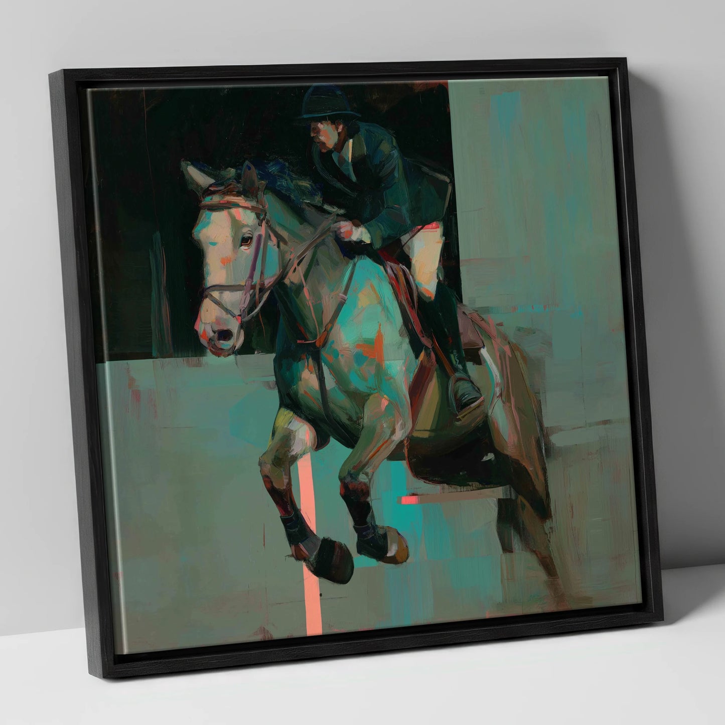 Suspended in Colour show jumping horse canvas wall art in black frame