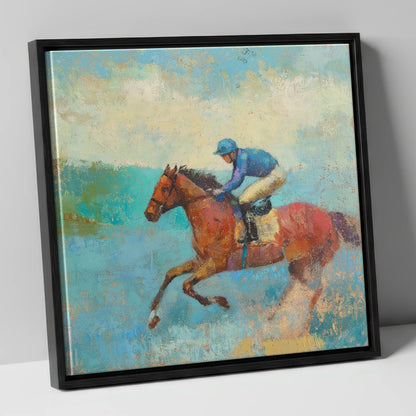 Flight in Turquoise racing horse canvas wall art in black frame