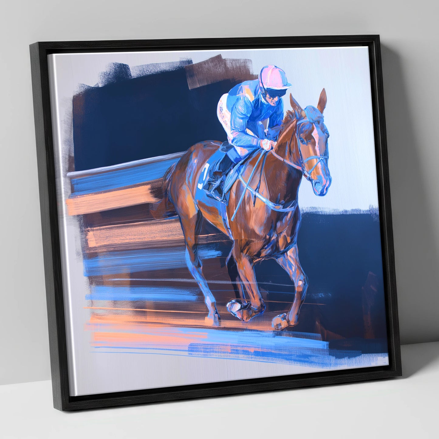 Velocity in Blue racing horse canvas wall art in black frame