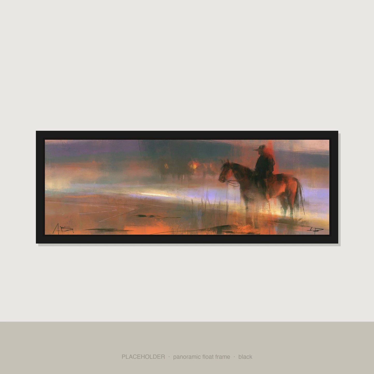 Out at Dawn Horse Landscape panoramic canvas wall art in black float frame