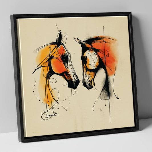 Abstract Amber Dialogue horse portrait canvas wall art in black frame
