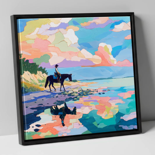 Technicolour Tide beach horse canvas wall art in black frame