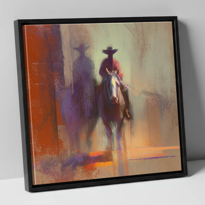 Rider in the Haze western horse canvas wall art in black frame