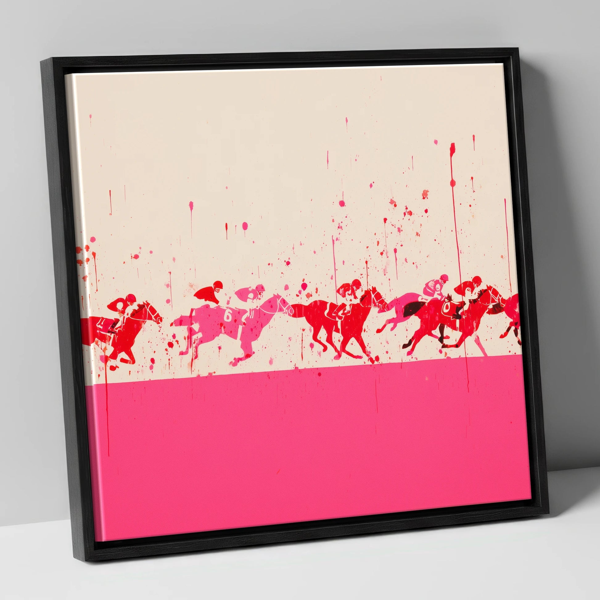Crimson Surge racing horse canvas wall art in black frame
